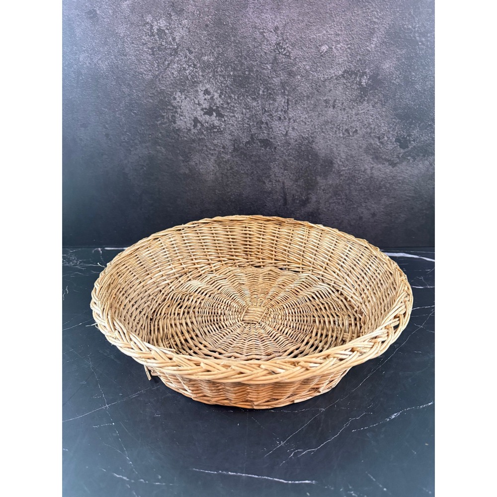 Vintage Round Low Wicker Basket Pot Tray 13in Wide 3in Tall